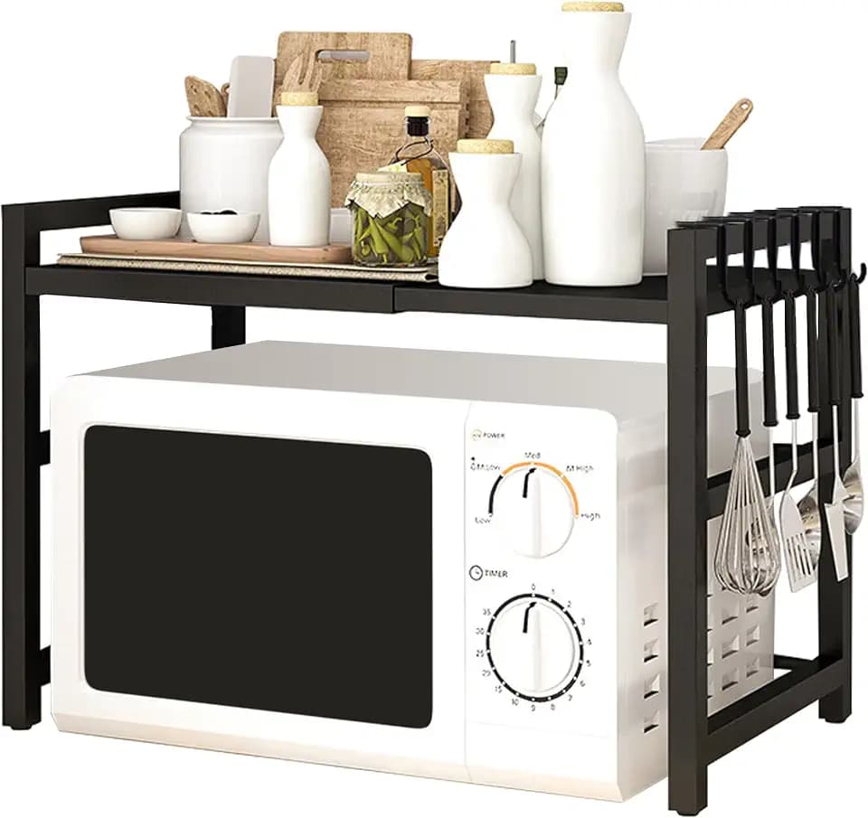 Y YOMA Extendable Microwave Oven Rack, 2 Tier Metal Kitchen Countertop Organizer with 6 Hooks, Adjustable Shelf for Bakers, Holds 60lb, Black
