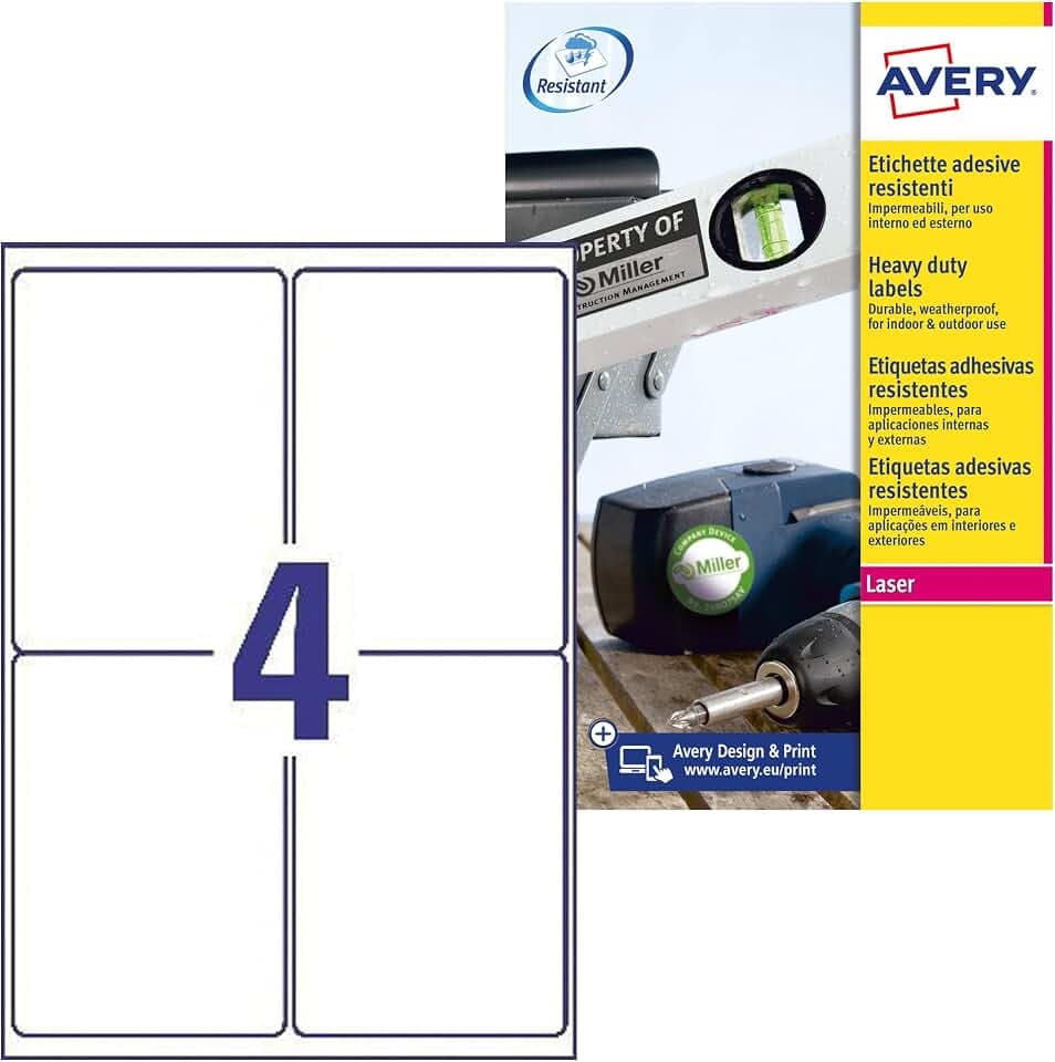 AVERY Zweckform L4774-8 Wetterfeste Folienetiketten (32 Klebeetiketten, 99,1x139mm auf A4, extrem stark selbstklebend, wasserfest, strapazierfähig, bedruckbare Outdoor Klebefolie) 8 Blatt, weiß