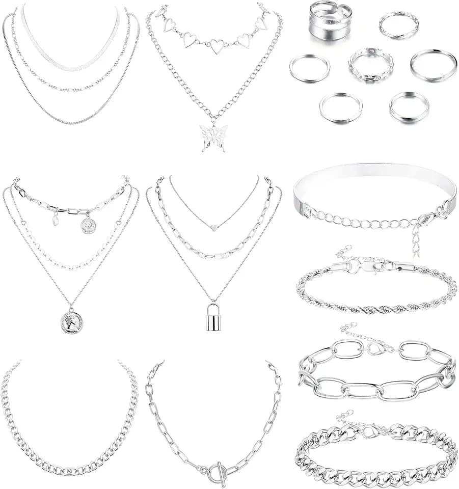 CASSIECA 17 Stück Schmuck Set für Damen Mode Accessoires für Teenager Geburtstag Jahrestag Weihnachts Geschenke für Damen Mädchen Mehrlagige Halsketten Zierliche Klobige Armbänder Knöchel Ringe