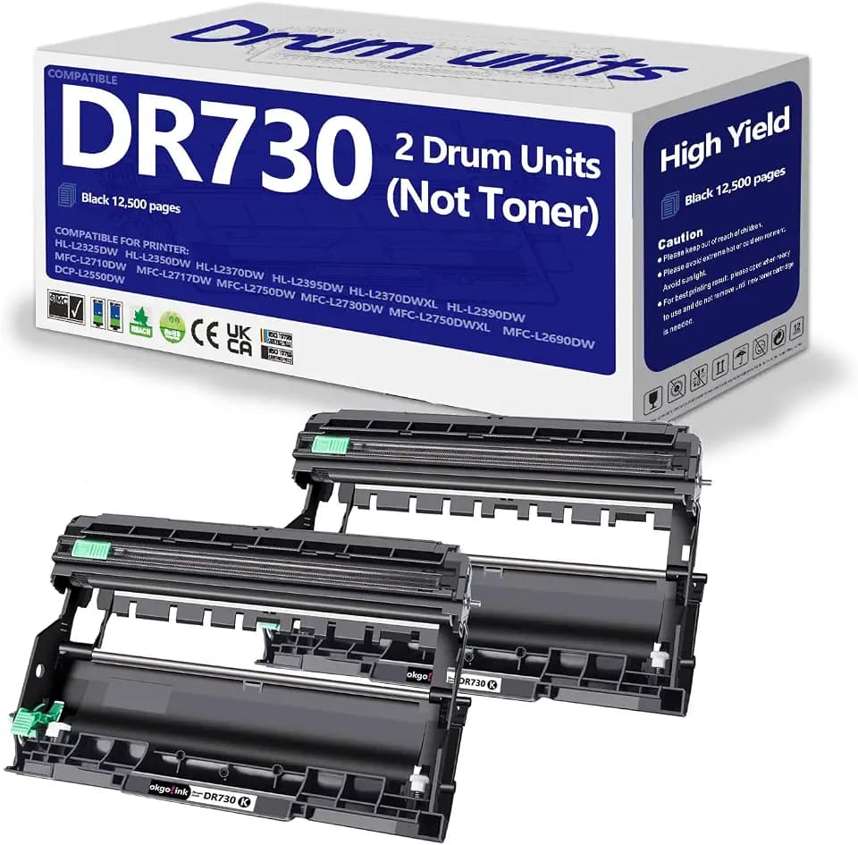 DR730 Drum Unit Compatible Replacement for Brother DR-730 DR760 tn760 Drum 2 Pack for MFC-L2750DW MFC-L2710DW HL-L2350DW HL-L2370DW HL-L2395DW HL-L2325DW L2690DW DCP-L2550DW Printer Drum