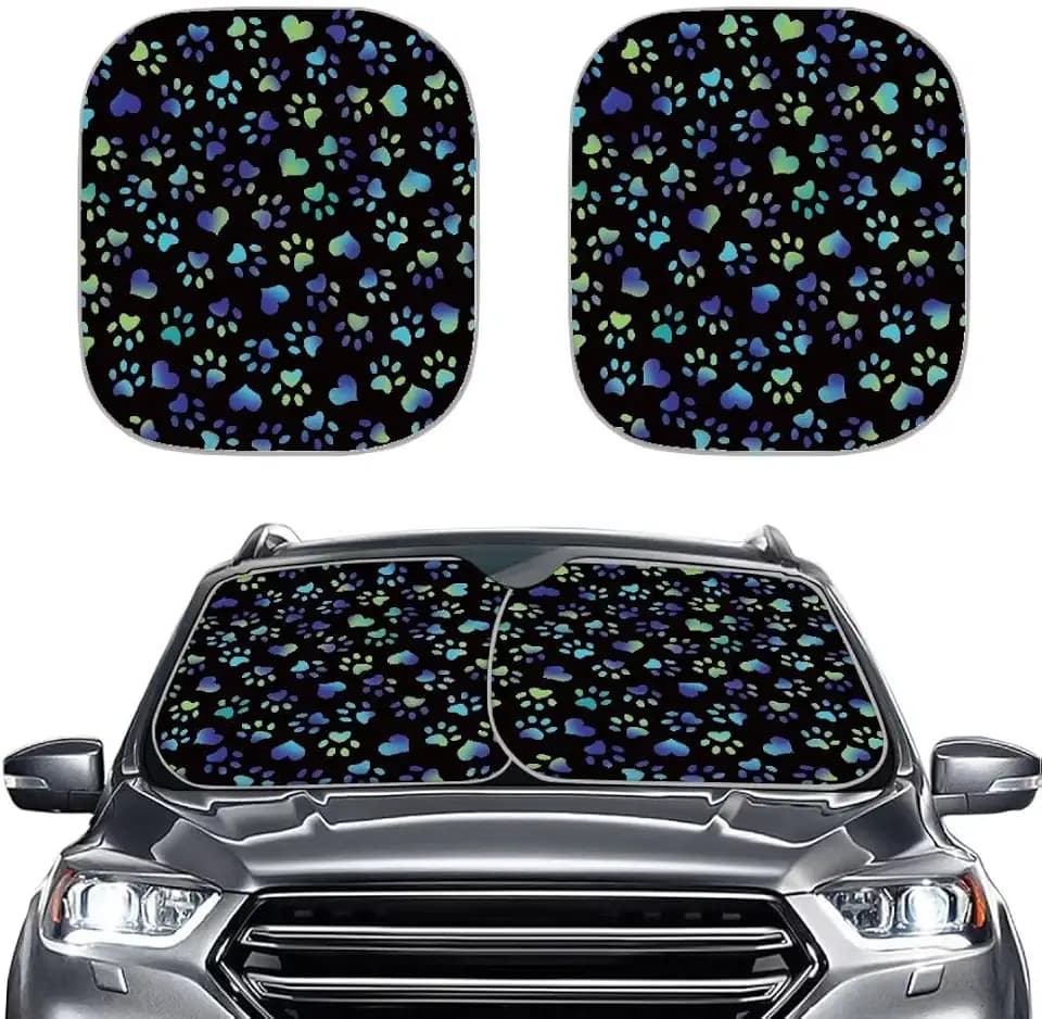 Car Windshield Sun Shade for Most Cars SUVs 2 Packs Folding Auto Windshield Protector Sun Visor, Dog Paw Print Car Interior Decor Accessories for Sun Protection