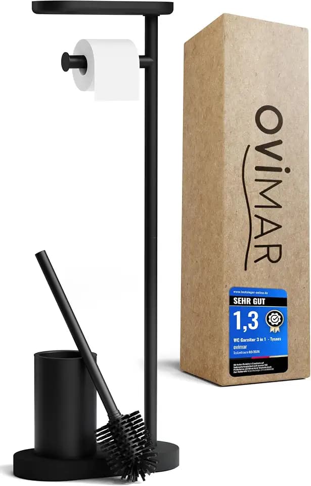 ovimar 3-in-1 Stand WC-Garnitur Tysnes in schwarz | WC Bürstengarnitur mit Silikonbürstenkopf, WC Rollenhalter und Smartphone Ablage | Platzsparend | | Eleganter Badezimmer Organizer in Edelstahl