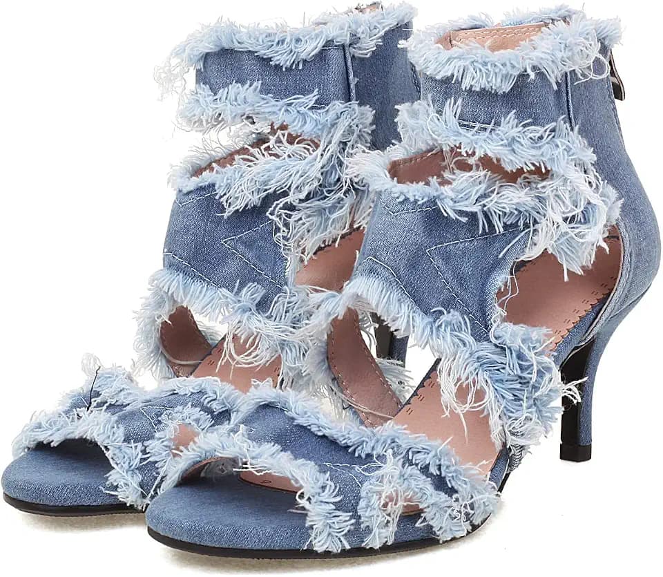 Women's Denim High Heeled Sandals Comfortable Open Toe Ankle Strap Stiletto
