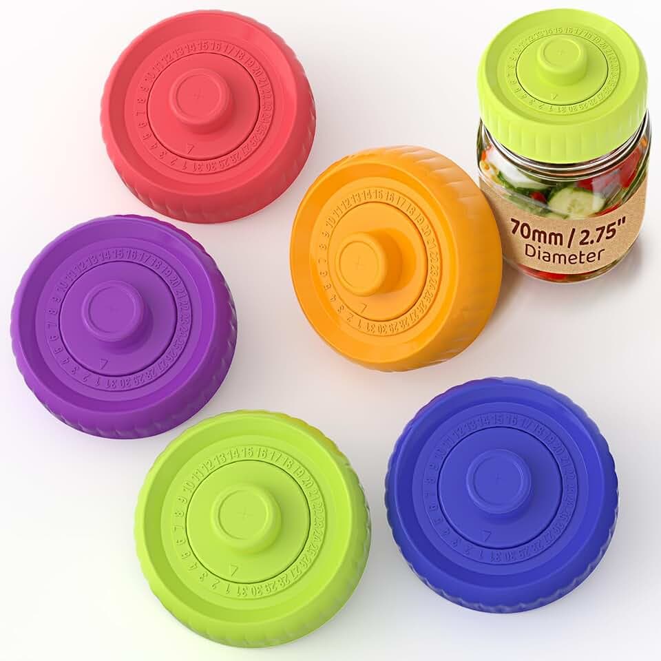 Fermentation Lids, Self-Burping Airlock Lids for Regular Mouth Mason Jars (70mm)|Premium 100% Silicone,Date Tracker&Seamless Hygienic Design|For Pickles, Hot Sauce&Probiotics (5-Pack Rainbow)