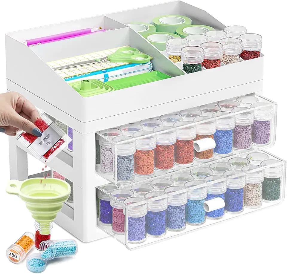 ARTDOT Diamond Painting Zubehör Boxen, 96 Stück 5D Diamant Painting Bilder Aufbewahrungsbox mit Koffer Trichter Stickers Besuche Store