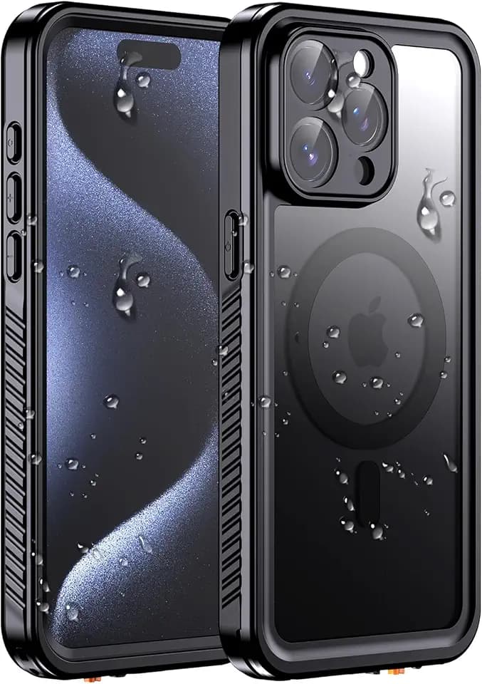Hualele Magnetic for iPhone 15 Pro Max Case Waterproof, Fit for MagSafe, Built in Lens & Screen Protector Full Body Protection IP68 Underwater, Black