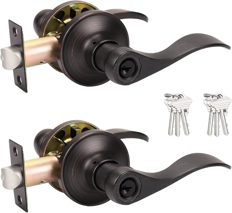 Probrico Keyed Alike Bronze Door Handle, Oil Rubbed Bronze Wave Style Entry Door Handles, Door Levers Lockset for Interior and Exterior Doors, 2 Pack