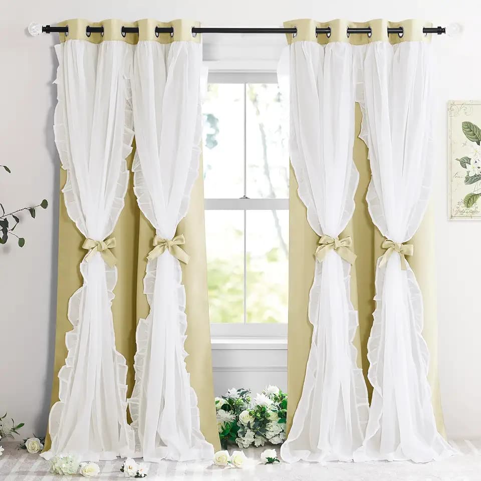 PONY DANCE Ruffle Curtains Double Layers Sheer Overlay Elegant Decoration for French Country Rustic Design Window Covering with Tiebacks, 52" Wide x 84" Long, Butter, 2 Panels