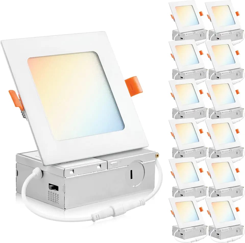 PARMIDA (12 Pack) 4 Inch Square 5CCT Ultra Thin LED Recessed Lighting with Junction Box, 2700K/3000K/3500K/4000K/5000K 5 Color Selectable, 9W, Dimmable, Canless Wafer Slim Panel Lights, IC Rated, ETL