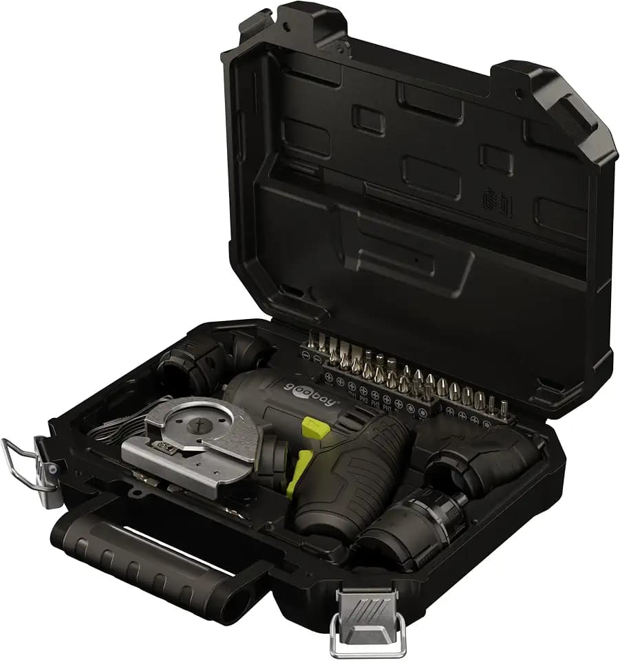 goobay 4in1 Mini-Akkuschrauber-Set 35 teilig - 28 Bits, 4 Vorsätze und 1 Adapter aus Chrom-Vanadium-Stahl - Pistolenform, 8 Nm Drehmoment, frontale LED-Beleuchtung - 77817