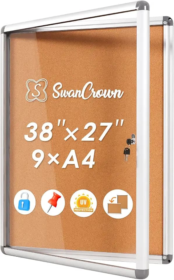 SWANCROWN 38x28 in Enclosed Bulletin Board, Lockable Display Case 9xA4