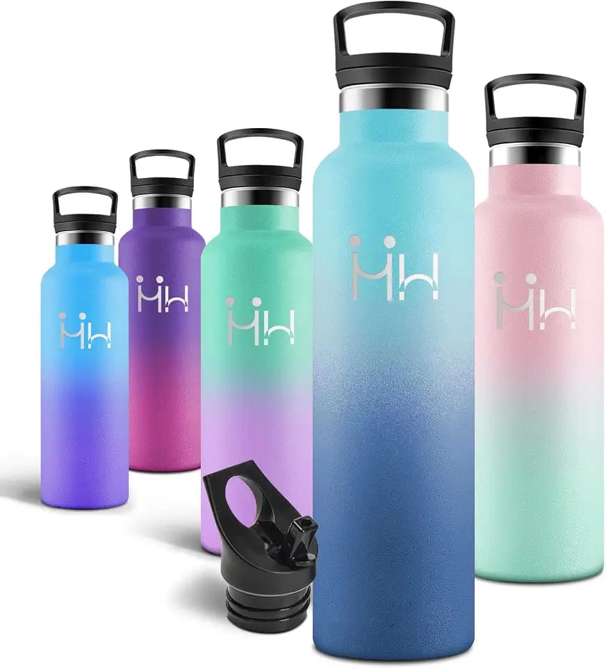 Motswedi Trinkflasche, 1000 ml BPA-Frei, Trinkflasche Edelstahl, Mit Strohhalm und 2 Deckeln, Flasche, 18/8 Edelstahl, Wasserflasche, Doppellagige Isolierung, Isolierflasche - Azurblau & Marineblau