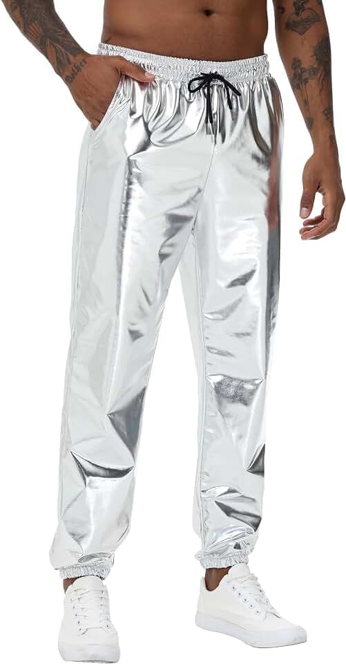 NewL Herren-Jogginghose, glänzend, silberfarben, metallisch, Hip-Hop-Hose, Nachtclub, Party, Festival, Abschlussball, Streetwear