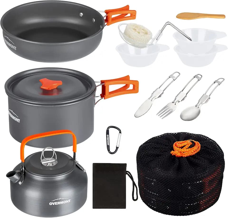 OVERMONT Camping Kochgeschirr Set Outdoor Geschirr Set Kochtopf Set Grillgeschirr Picknick Topf mit Kaffeekanne Teekanne Aluminium