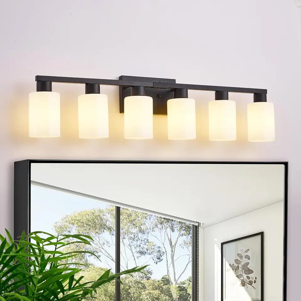 6-Light Bathroom Vanity Light Black, Matte Black Bathroom Light Fixture, Vanity Lights with Milky White Frosted Glass Shades, Wall Sconces Over Mirror for Makeup Living Room(Bulbs Not Included)