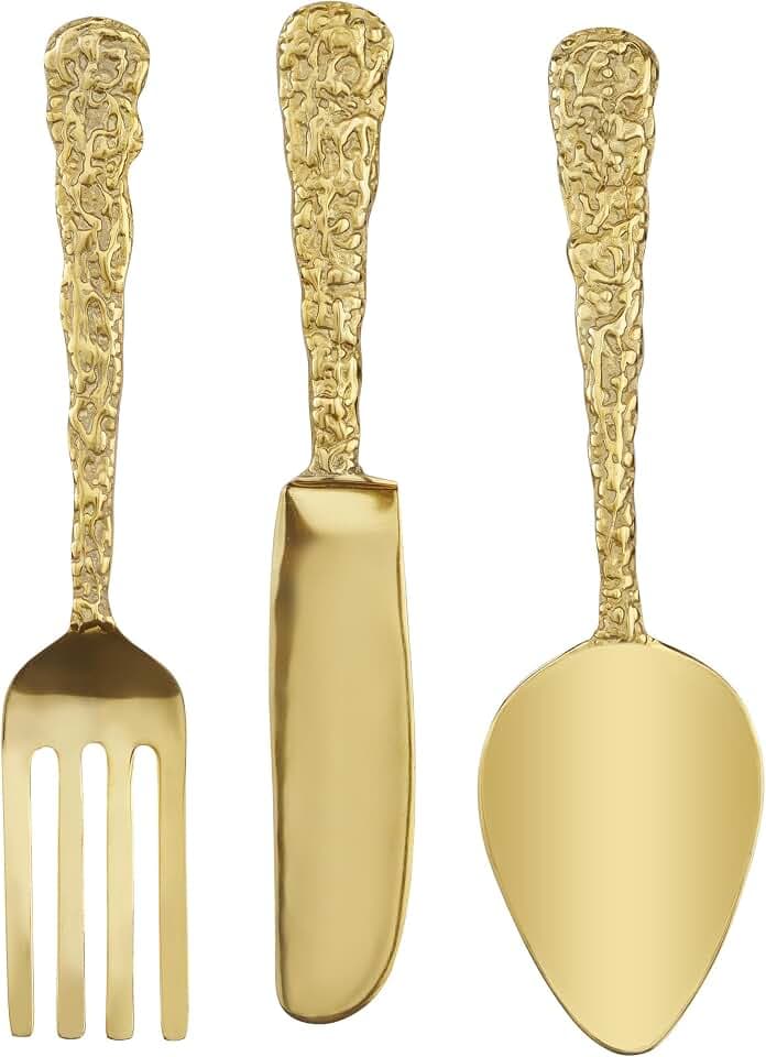 deco 79 Aluminum Metal Utensils Wall Decor, Set of 3 Art 6" W, 23" H, Gold