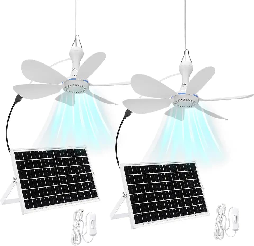 Tujoe 2 Set Solar Powered Ceiling Fan Kit for Outdoor,Portable 15W Solar Panel Powered USB Small Hanging Fan,Dual Charging Modes,for Chicken Coop, Tent,Greenhouse, Shed, Gazebo