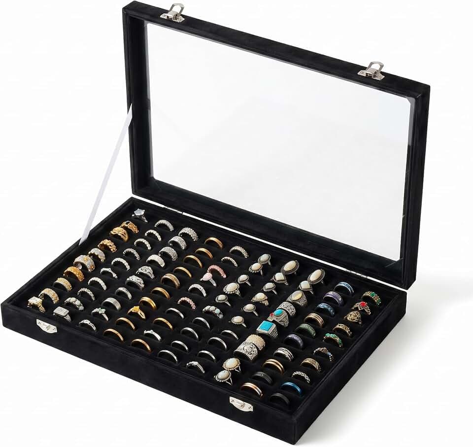 Frebeauty 100 Slots Ring Organizer Tray,Velvet Ring Box with Clear Lid