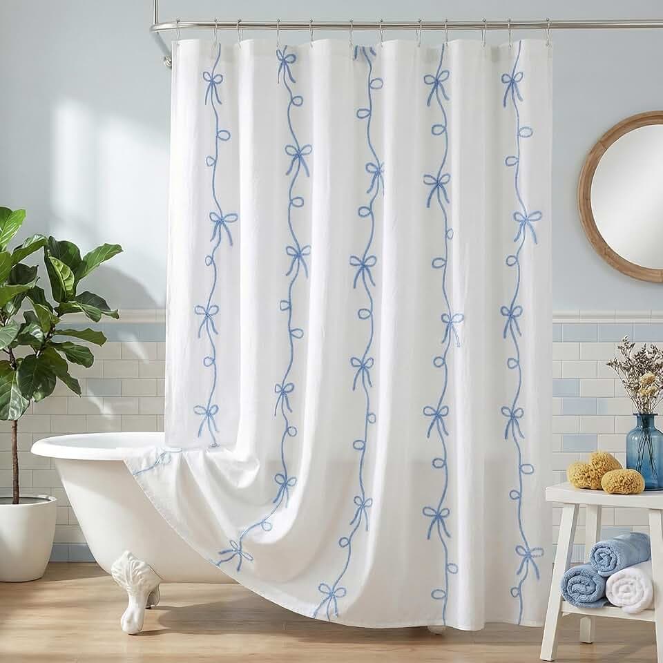 Seasonwood Blue Bow Shower Curtain with Cording Bow Embroidery 72x84 Inches