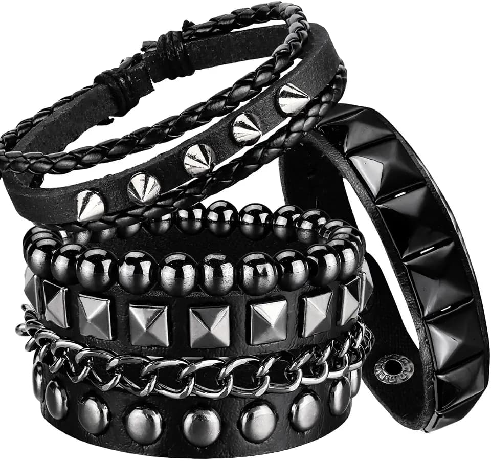 4 Pcs Punk Rock Leather Studded Bracelets for Men Women 80s Gothic Spike Cuff Bracelet Set Emo Accessories for Rocker Outfits