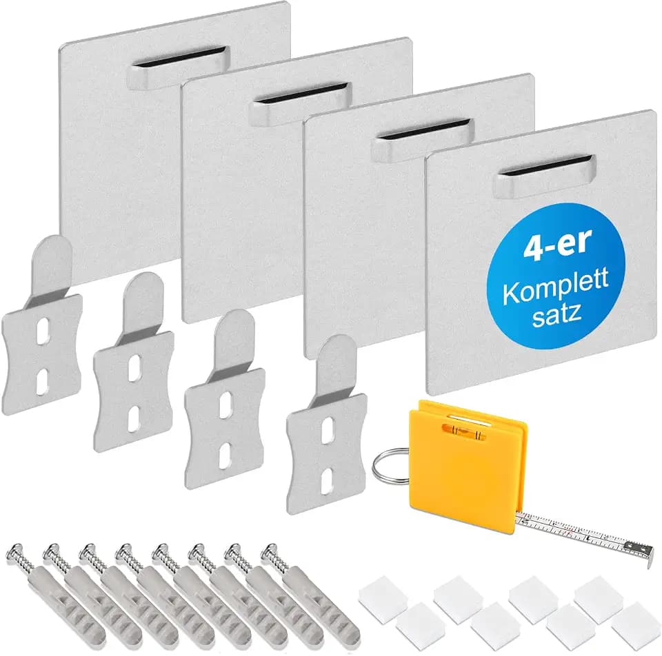 Alu Dibond und Acrylglas Aufhängung, selbstklebende Bildaufhängung spiegelhalterung - Befestigungsset zum Aufhängen für Bilder oder Spiegel, bis zu 8kg (Silber 4er Set)