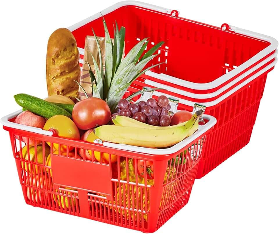 VEVOR Einkaufskorb, 4 STK., 21 L, PE-Kunststoff-Tragekorb mit Griffen, Universalkorb stapelbar, Kunststoffkorb, tragbar für Lebensmittel, Einzelhandel, Geschäfte, Supermärkte, Heimgebrauch, rot