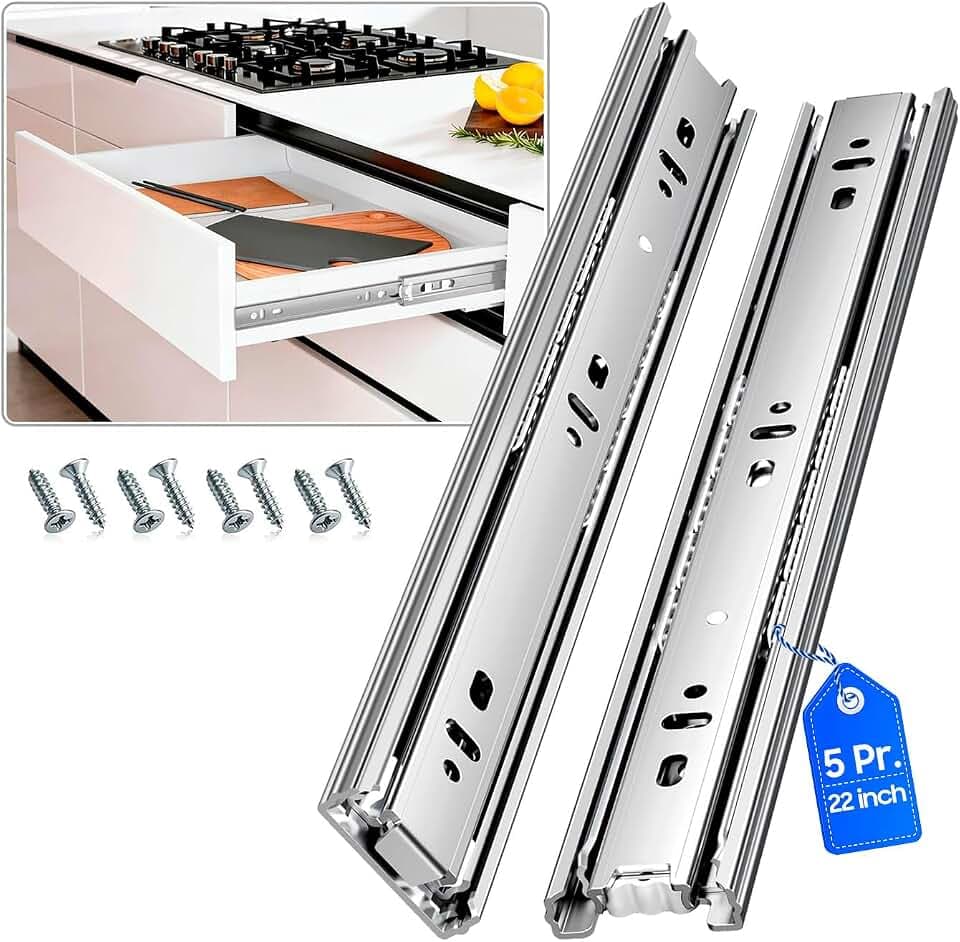 Drawer Slides Ball Bearing 3 Folds Full Extension Side Mount Cabinet Runners Glides Rails Track 100 Lbs Load 10 12 14 16 18 20 22 24 Inch Silver (Silver-Basic- 5 PRS,22 Inch)