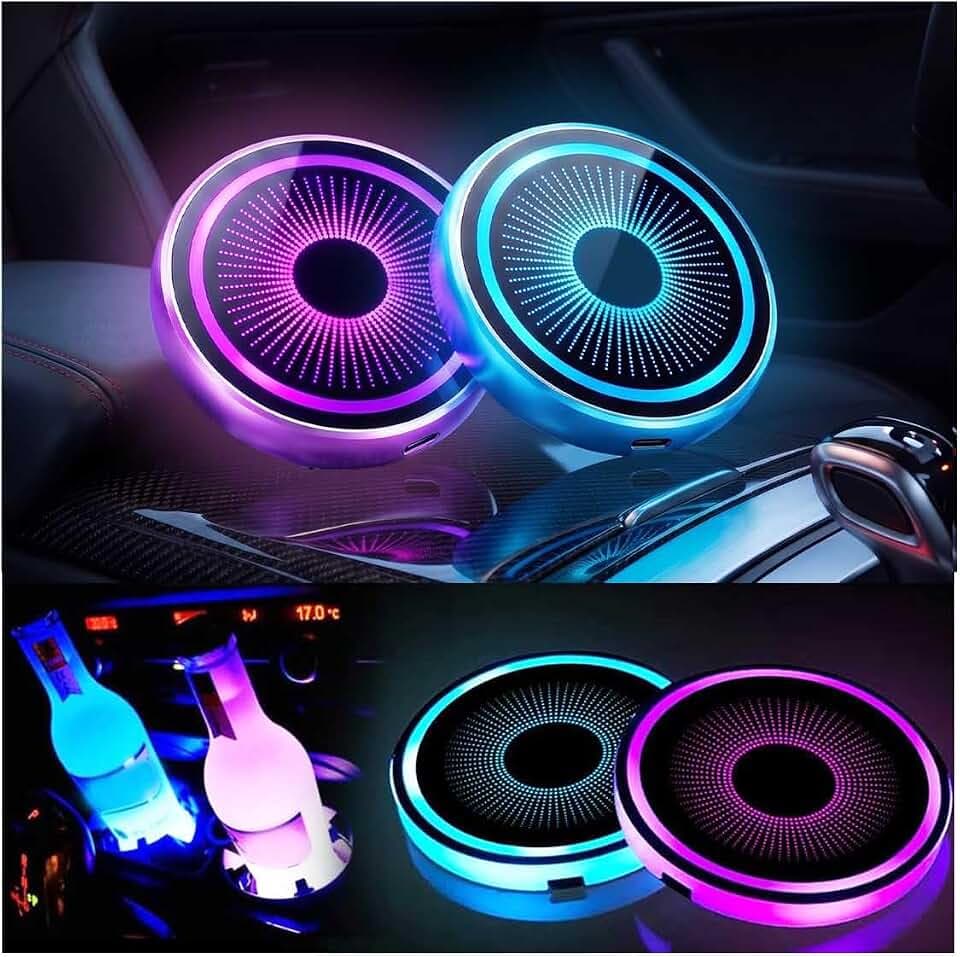 LED-Auto-Untersetzer, leuchtende Getränkehalter in 7 Farben, LED-Becherhalter-Lichter für alle Modelle, USB-Ladevorrichtung, Getränkeuntersetzer, Zubehör, Innendekoration, Stimmungslicht, 2 Stück