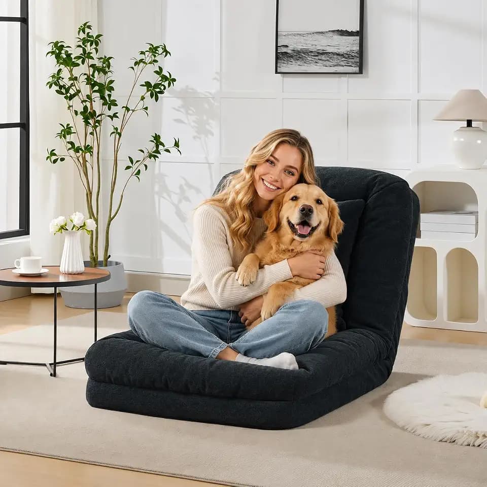 Garvee Human Dog Bed for Adult & Pets Convertible Lazy Floor Lounge Chair Upholstered Sofa Bed with 5 Adjustable Position 2 Pillows Metal Frame Chenille Fabric for Living Room Bedroom