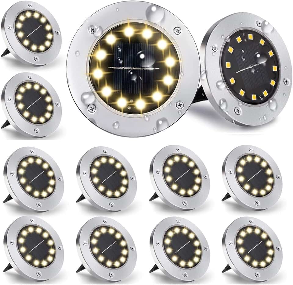 [12 Stücke] Solar Bodenleuchte Aussen, 12 LEDs Solarleuchten 800mAh Disk Lights Mit Upgrade Solarpanel Gartenleuchte Solarlampe Solar Strahler Deko für Rasen,Gehweg,Pool,Terrassen(WarmWeiß)