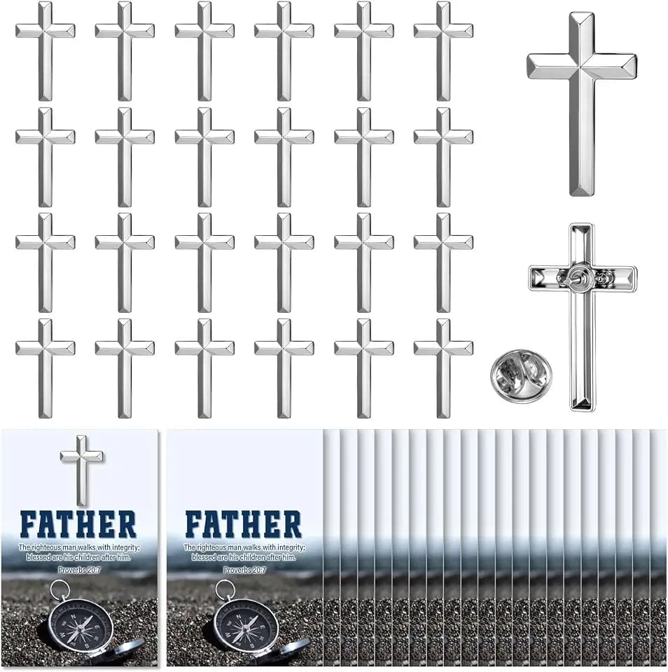 Sayglossy 30 Sets Religious Fathers Day Pins Bulk Christian Cross Lapel Pin with Prayer Card Set Inspirational Catholic Jesus Pins Father Gifts for Church Men Dad Pastor Husband