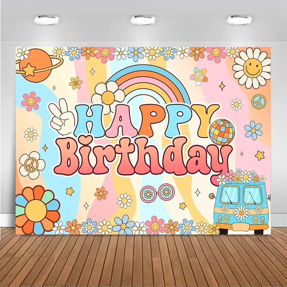 Mocsicka Groovy Birthday Backdrop Retro Hippie Girls Birthday Party Decorations Boho Rainbow Daisy Flower Background for Birthday Party Cake Table Banner (7x5ft (82x60 inch))