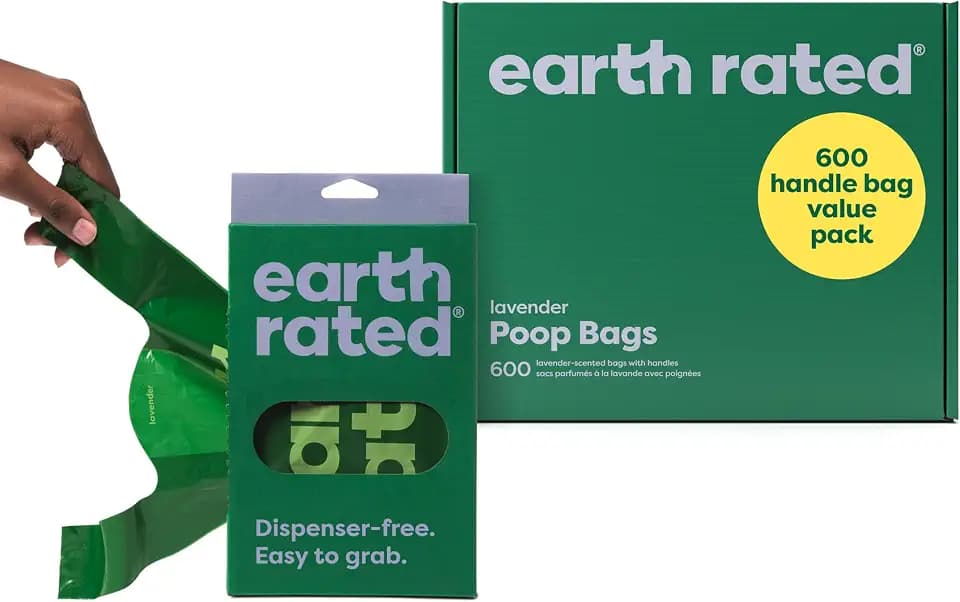 Earth Rated Hundekotbeutel mit Griffen, Vorteilspack, leicht zu binden und garantiert auslaufsicher, Lavendel, 600 Griffbeutel