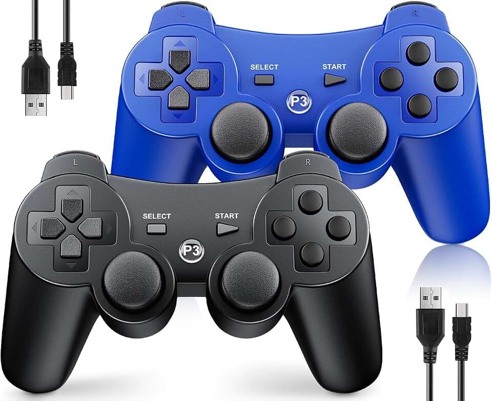 OKHAHA Controller 2 Pack for PS3 Wireless Controller for Sony Playstation 3, Double Shock 3, Bluetooth, Rechargeable, Motion Sensor, Remote for PS3 (No Stripes(Black + Blue))