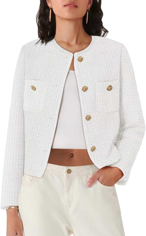 Yousify Womens Blazer Long Sleeve Button Down Tweed Cropped Jacket 2026