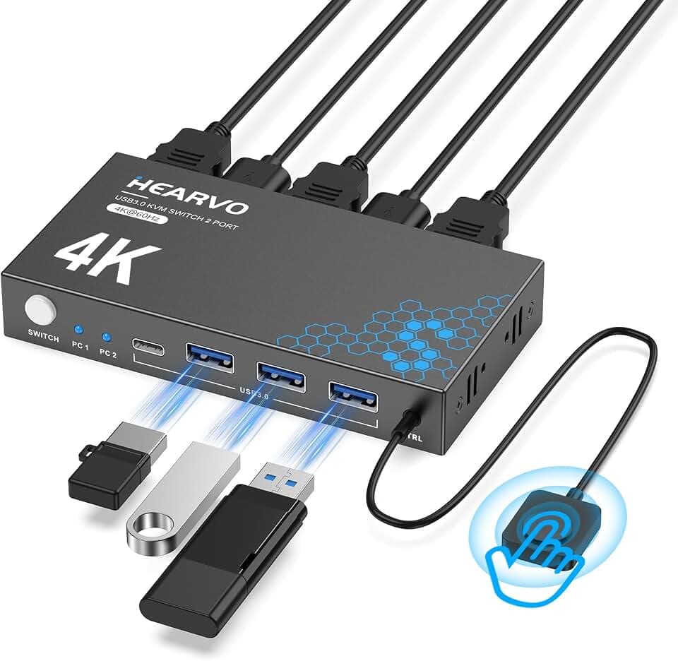 Hearvo USB 3.0 HDMI KVM Switch for 2 Computers 1 Monitor, 4K@60Hz, S7232H