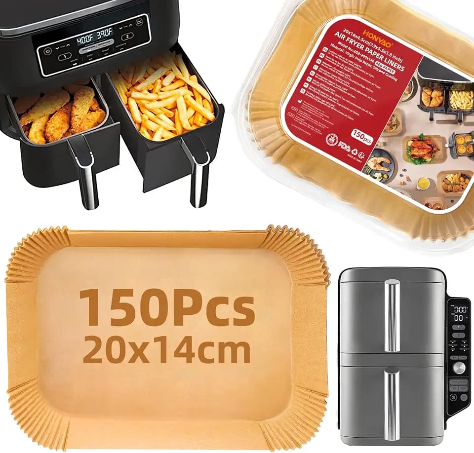 HONYAO Backpapier für Heißluftfritteuse Ninja Double Stack XL SL400EU, 150 Stück Verdicktes 20x14cm Rechteckig Airfryer Backpapier Liners für Dual Zone Air Fryers 7,6 L - 10 L