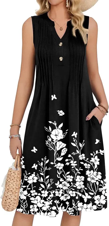 Zeagoo Women Summer Casual Dress 2026 Sleeveless Midi Tank Sundress with Pockets V Neck Buttons Pleated A Line Tshirt Dress