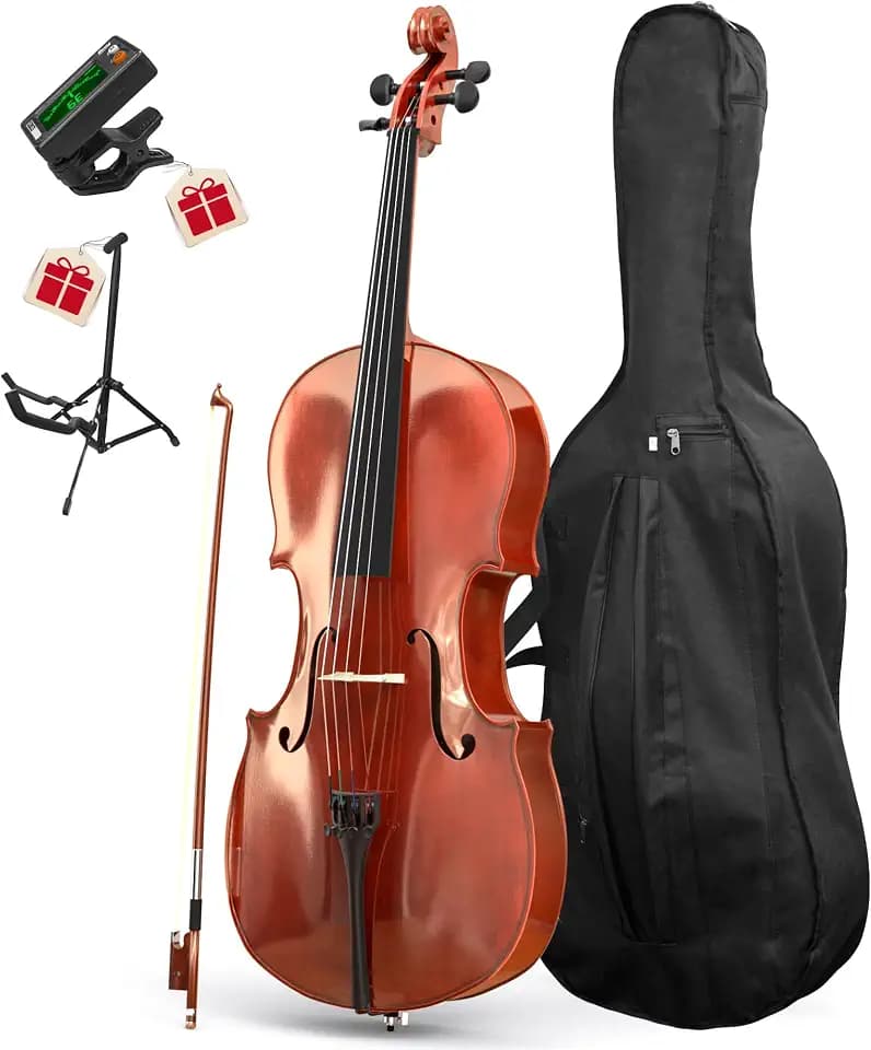 PYY Cello 4/4 Full Size - Solid Wood Acoustic Cello Package with Stand, Case, Bow, Rosin, Tuner & Extra Strings, Ideal for Student & Adult Beginners Beginner Kit