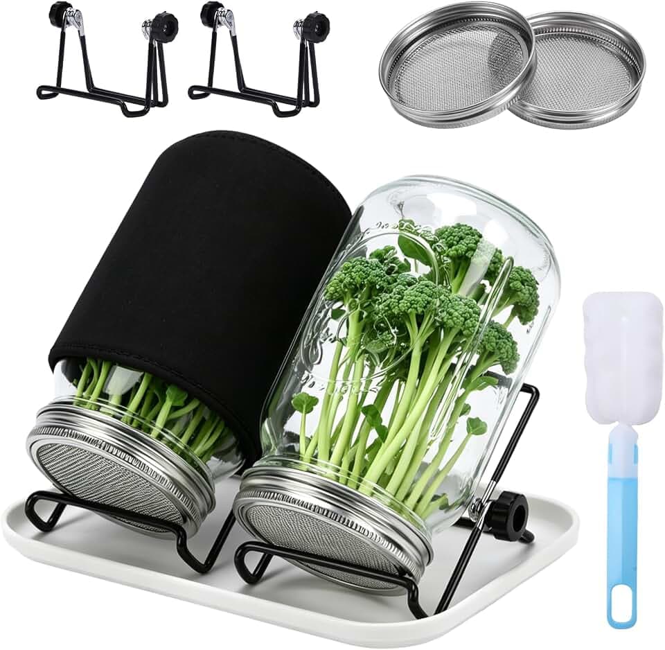 Broccoli Sprout Growing Kit, 2 Large 1000ML Wide Mouth Mason Jars with Sprout Lids, Stainless Steel Stand, Blackout Sleeves, Cleaning Brush, Drain Tray- Grow Broccoli, Alfalfa & Bean Microgreens