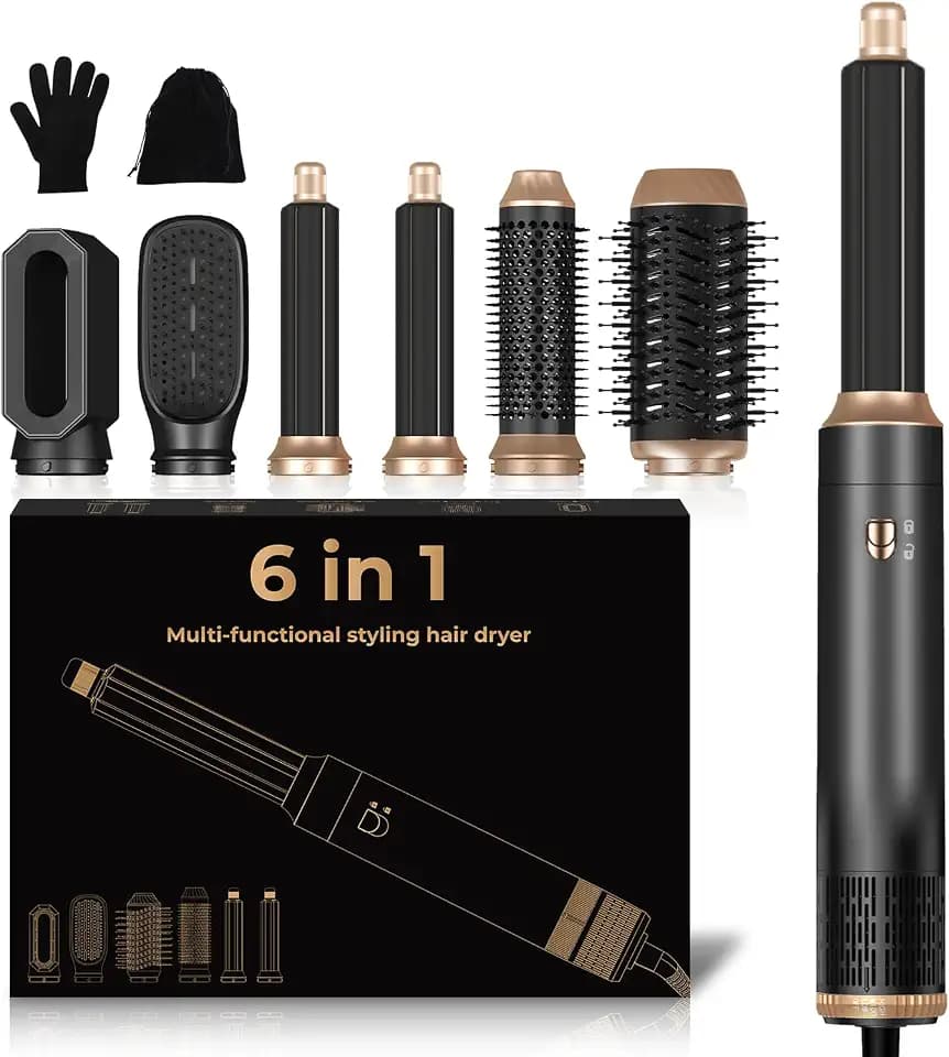 Airstyler Föhnbürste 6 in 1, 1000w Haartrockner Bürste, Lockenstab mit Luft Links/Rechts,3 Temperaturregelung,Hairstyler Set,Sie dem Haar Volumen, Locken und Föhnen Sie Trockenes Haar