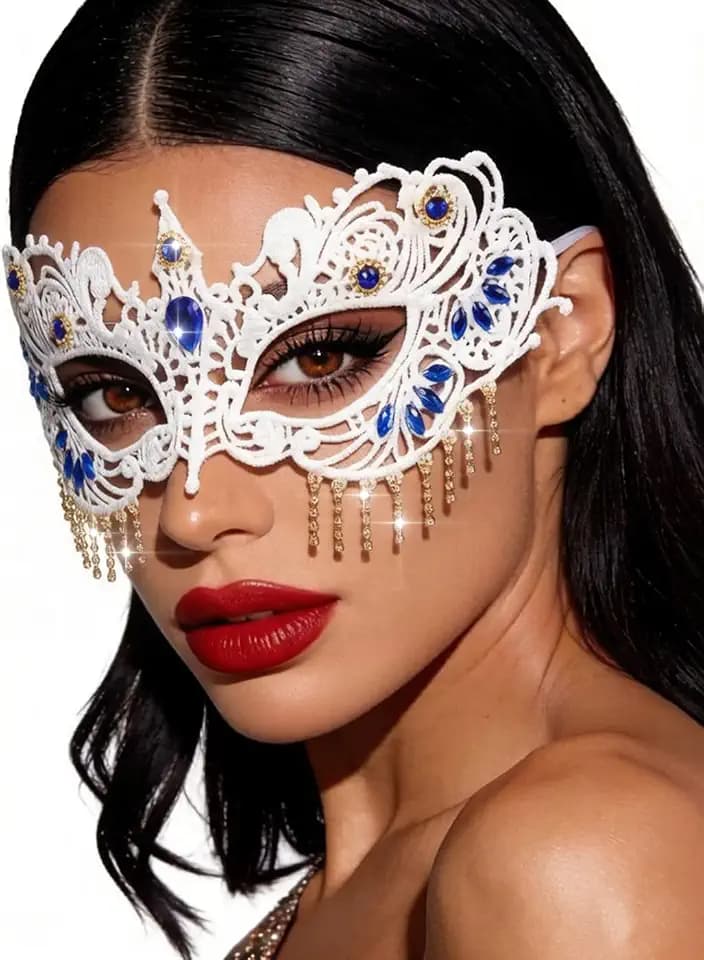 Tgirls Sparkly Rhinestone Masquerade Mask for Women White Lace Eye Masks Crystal Tassel Face Mask for Ball Costume Party