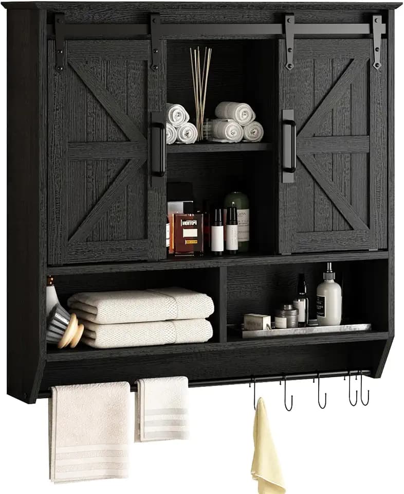 RUSTOWN Farmhouse Bathroom Wall Storage Cabinet with Sliding Barn Doors