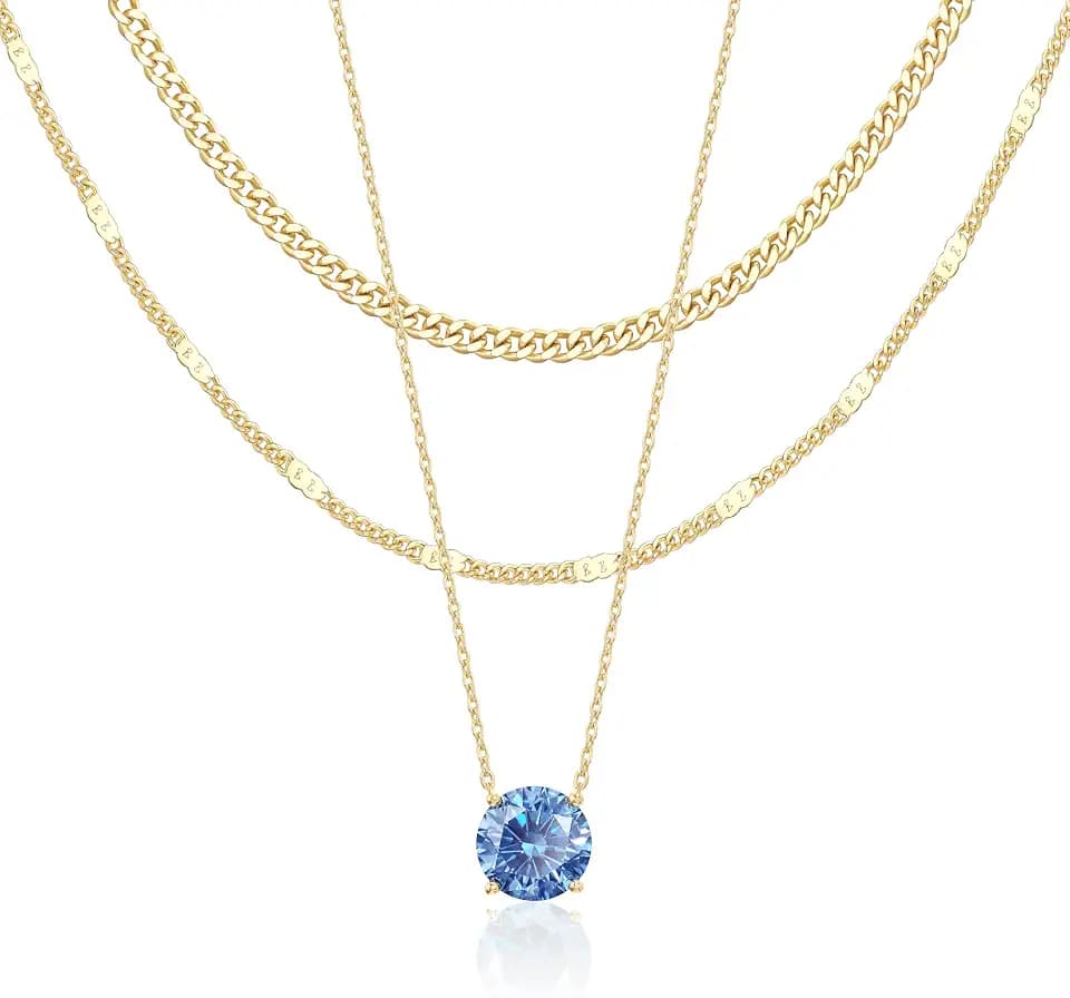 WomenGifts Layered Gold Necklaces for Women, 14K Gold Sterling Silver Plated Dainty Pendant Necklace Set Non Tarnish, Chunky Stackable Cuban Chain Choker, Trendy Birthstone Vacation Jewelry Gift