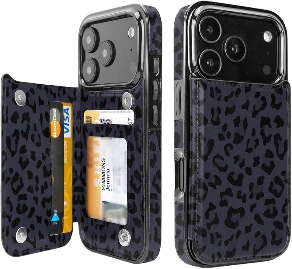 for iPhone 18/17 Pro Wallet with Card Holder,Black Purple Leopard