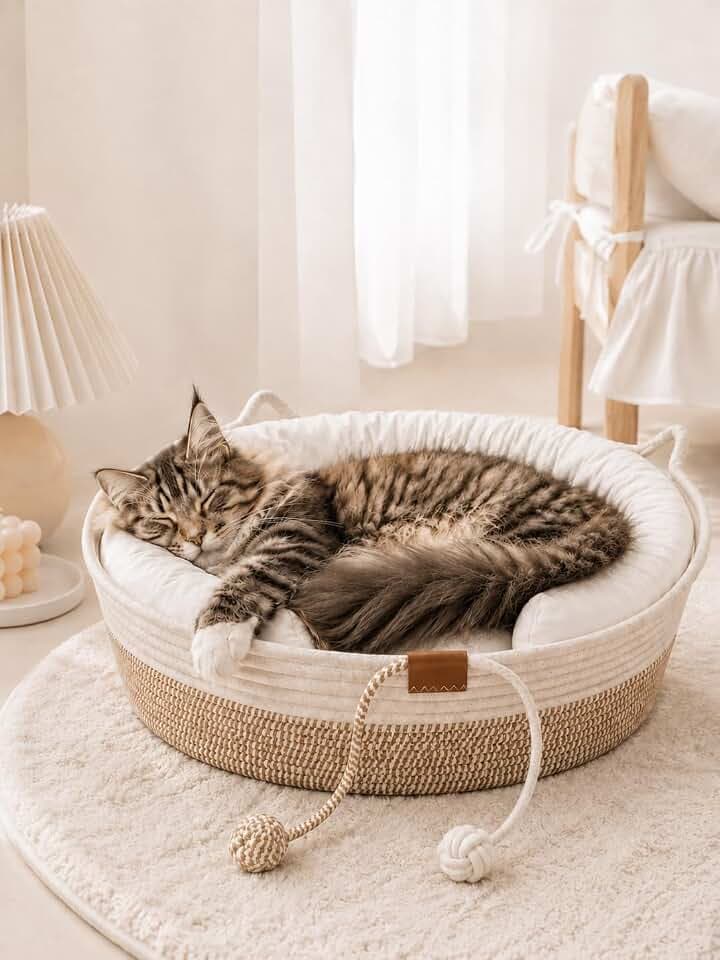 Handwoven Cat Bed for Indoor Cats, 18 Inch Round Low-Entry Cat Basket Bed