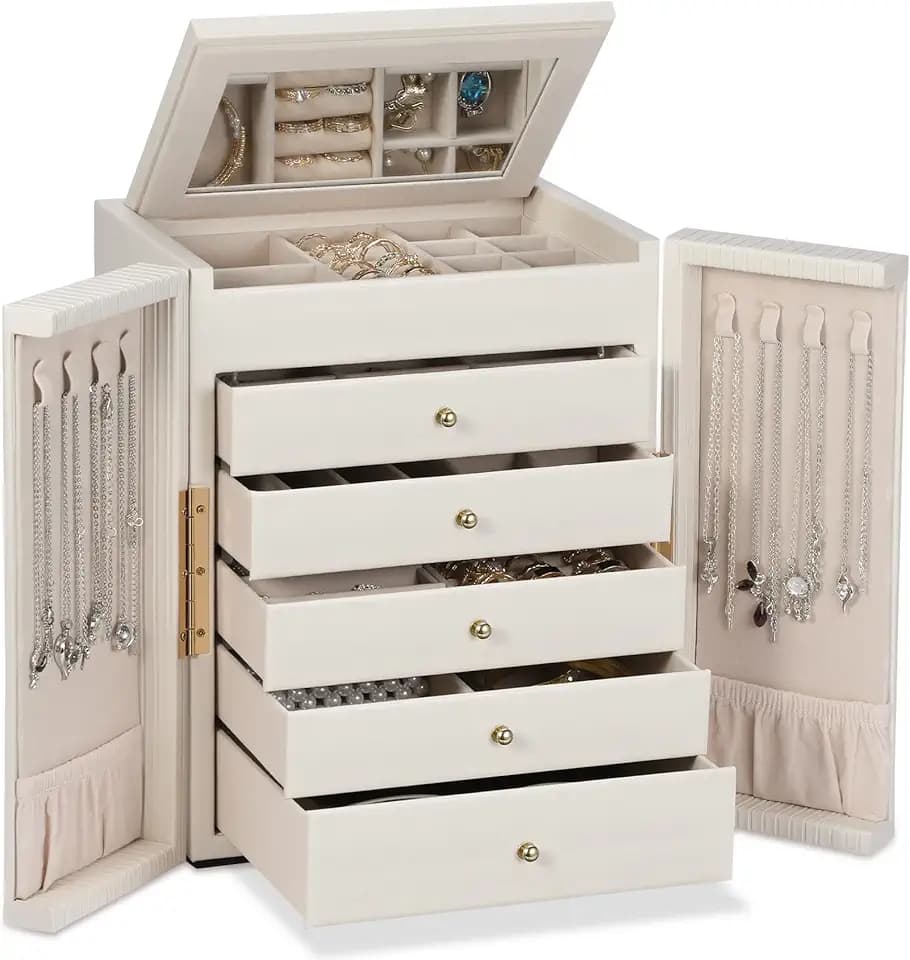 Dajasan Groß Schmuckaufbewahrung, 6 Ebenen Schmuckkästchen mit 5 Schubladen, Schmuckkasten mit Spiegel & Doppeltür, Schmuckschrank aus Vertikales Textur Leder, Modern, Geschenk für Damen (Beige)