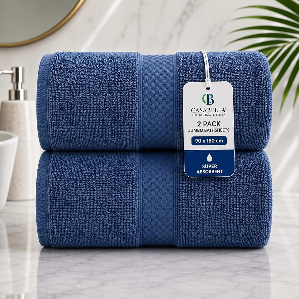 CB Casabella 2-teiliges Jumbo-Badetuch, 100 % gekämmte Baumwolle, extra groß, Badetuch-Set, super saugfähig, weich, königlich, 2er-Pack, 90 x 180 cm, Badetücher für Badezimmer