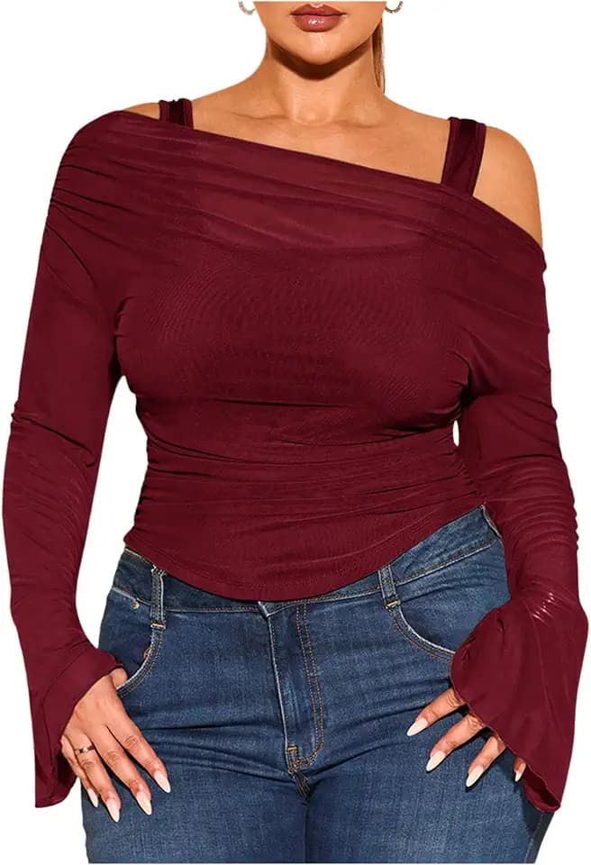 WDIRARA Women Plus Size 2 in 1 Off Shoulder Top Sheer Bell Long Sleeve Tee