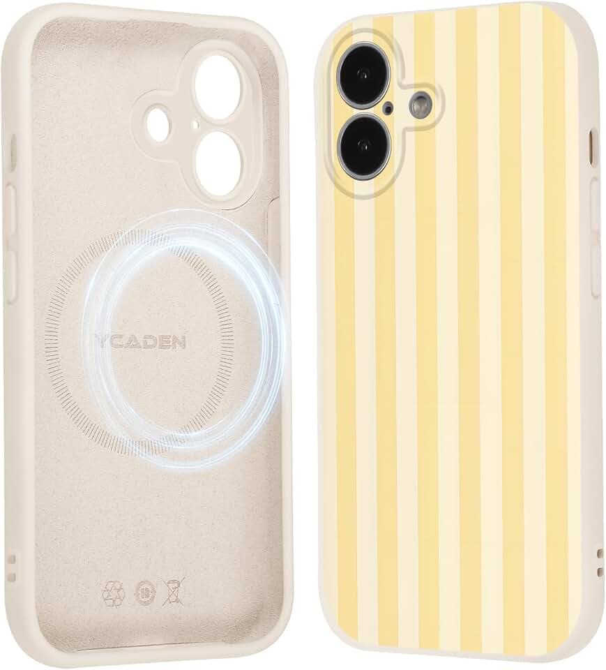 Xylota Gestreifte Handyhülle Magnetisch für iPhone 16 Hülle für Magsafe, Aesthetic Streifen Muster Motiv Design, Gelb Silikon Süßes Mädchen Frauen Schutzhülle für iPhone 16 6,1'' Case, 01